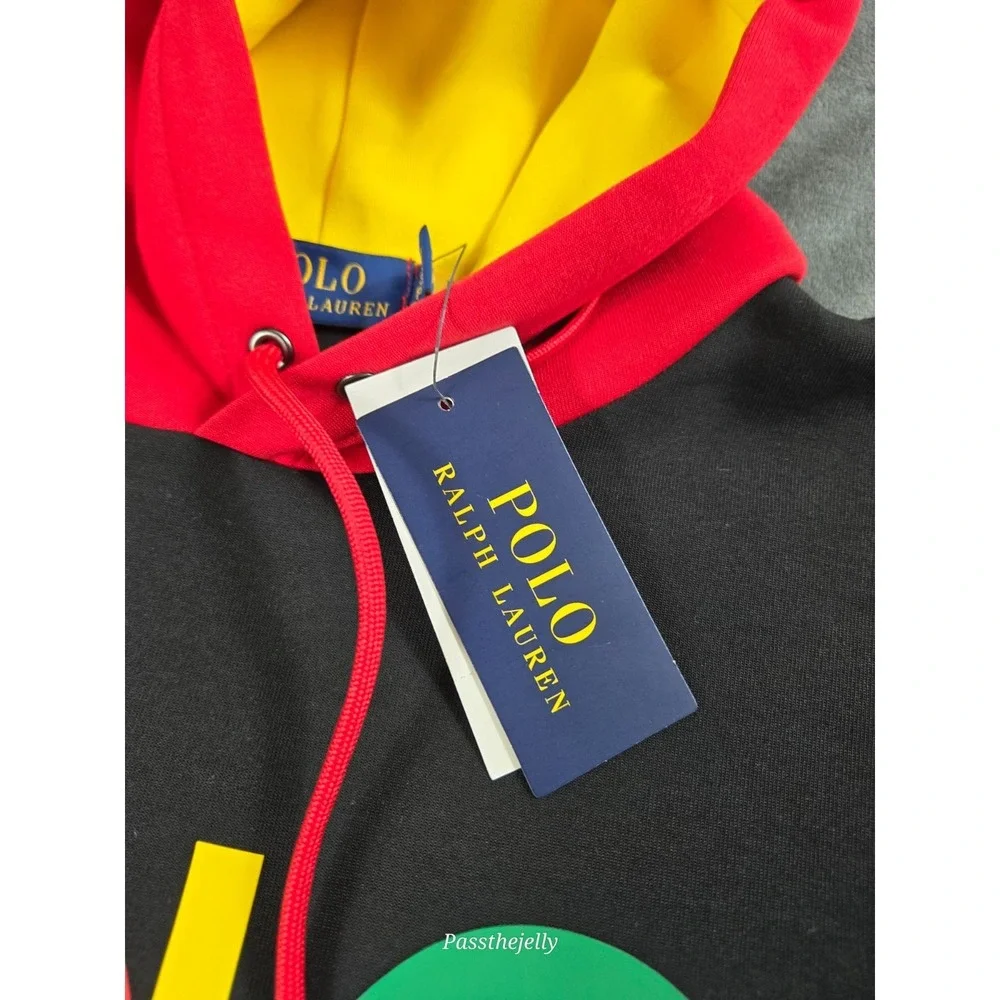 Polo Ralph Lauren Men's Small Black Colorblock Graphic Fleece Hoodie Spellout